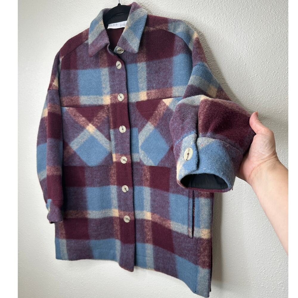 IRO Backpa Mixed Blue & Burgundy Plaid Long Sleeve Wool Blend Coat L